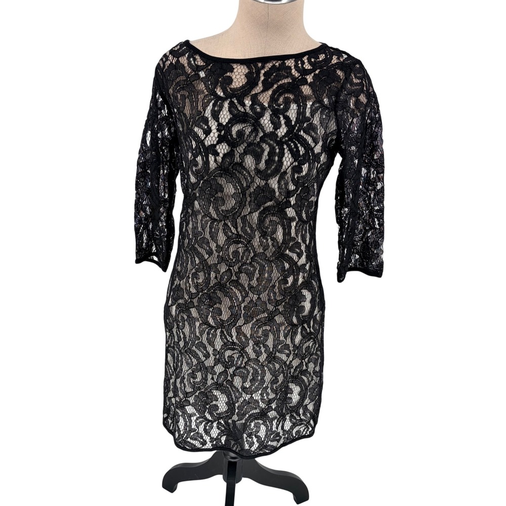 Baciano Lace Dress M Black Floral 3/4 Sleeve Boat Neck Lined Cocktail 5466